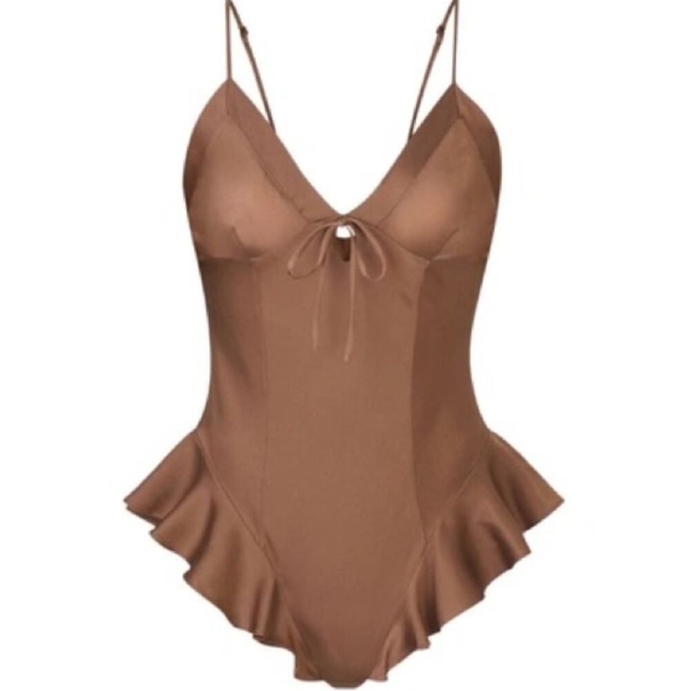 SKIMS Brown Ruffle-Trim V-Neck Bodysuit